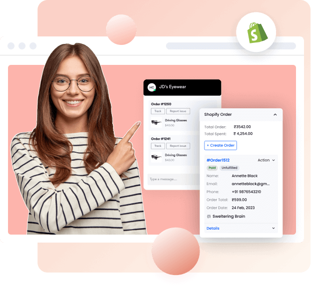 A woman is pointing at a screen with an order management system displayed on it, showcasing a shopping cart.