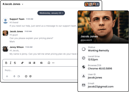 Talk To Customers On Slack Live Chat - Desku Developers Store A screenshot of a slack chat screen with a man and a woman engaged in live conversation.