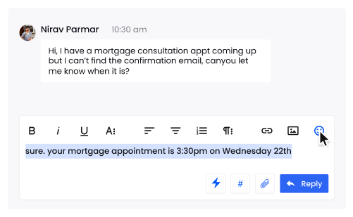 Social Media Inbox Software - Desku A screenshot of a text message with a mortgage confirmation button, viewed within social media inbox software.