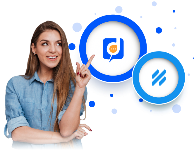 Desku Vs Help Scout - Desku A woman is pointing to a blue circle with a bitcoin symbol on it using help scout.