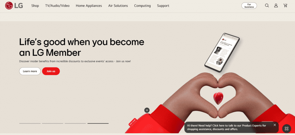 Lg's website showcasing proactive customer service with a heart in the middle of the screen.