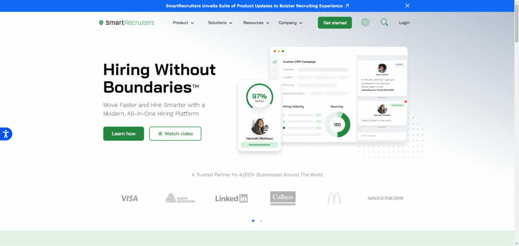 A website with the words hiring without boundaries, specializing in best applicant tracking systems.